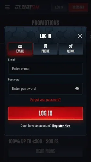 Screenshot der Glorion Login-Seite